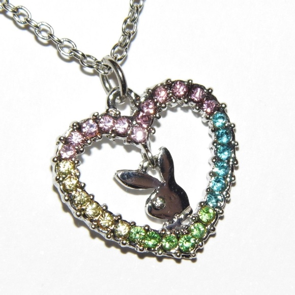 Playboy Necklace Crystal Rainbow Heart Bunny Charm - Picture 6 of 15